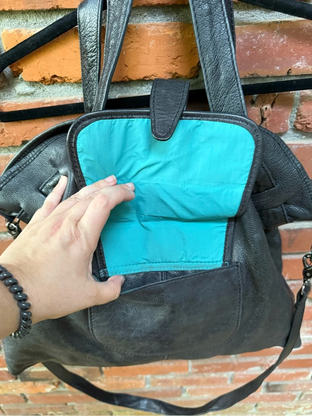 Trace of Kale Classic Black Leather Tote Bag with Front Pocket